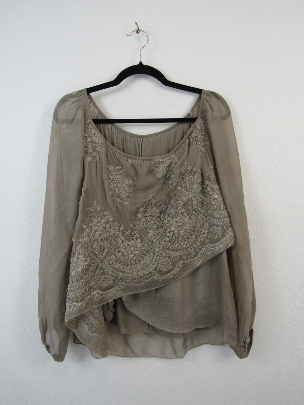 Moda Italy Seta Silk Blend Embroidered Long Sleeve Crossover Taupe Gray Blouse